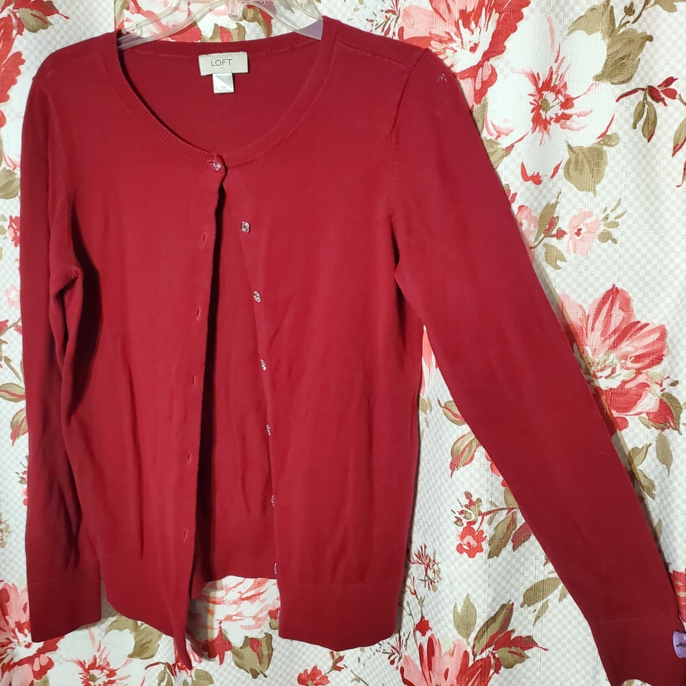 LOFT Deep Red Button-Front Crewneck Cardigan